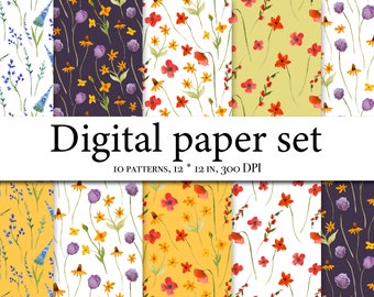 Könnte beinhalten: Ein digitales Papierset mit 10 floralen Mustern. Die Muster zeigen verschiedene Blumen in Blautönen, Rot, Gelb und Lila auf weißem, gelbem und lila Hintergrund. Die Muster sind 30,5 cm x 30,5 cm groß und haben 300 DPI.