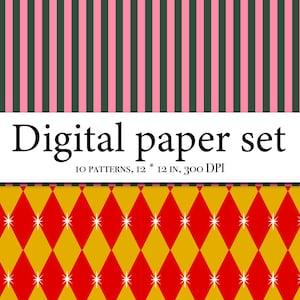 Op de afbeelding: Digitale papier set met verschillende patronen. De bovenkant heeft roze en donkergroene verticale strepen. De onderkant heeft een rood en goudkleurig ruitpatroon met witte steraccenten. De tekst luidt "Digital paper set".