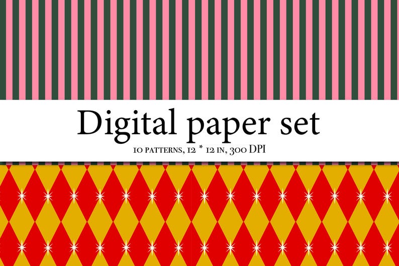Op de afbeelding: Digitale papier set met verschillende patronen. De bovenkant heeft roze en donkergroene verticale strepen. De onderkant heeft een rood en goudkleurig ruitpatroon met witte steraccenten. De tekst luidt "Digital paper set".