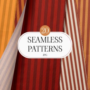 Può includere: Immagine che mostra 20 motivi senza cuciture con strisce verticali. I motivi presentano strisce nelle tonalità di arancione, rosso e bianco. L'immagine include il testo "20 SEAMLESS PATTERNS JPG" in un ovale bianco.