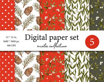 Papel digital de Natal em aquarela - Fundo de Natal - Papel aquarela - Papel de férias - Vegetação de Natal - Papel de Natal sem costura