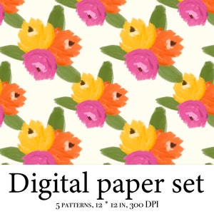 K&ouml;nnte beinhalten: Ein digitales Papierset mit f&uuml;nf Mustern mit einem floralen Design. Die Blumen sind gelb, orange und rosa mit gr&uuml;nen Bl&auml;ttern auf wei&szlig;em Hintergrund. Der Text "Digital paper set" und "5 patterns, 12" x 12", 300 DPI" befindet sich am unteren Rand des Bildes.