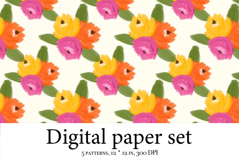 K&ouml;nnte beinhalten: Ein digitales Papierset mit f&uuml;nf Mustern mit einem floralen Design. Die Blumen sind gelb, orange und rosa mit gr&uuml;nen Bl&auml;ttern auf wei&szlig;em Hintergrund. Der Text "Digital paper set" und "5 patterns, 12" x 12", 300 DPI" befindet sich am unteren Rand des Bildes.