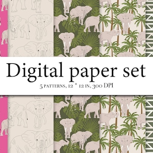 Papéis digitais de elefante - Padrão de elefante sem costura - Papel para scrapbook - Papel de designer de selva - Plano de fundo - Download de suprimentos para planejador