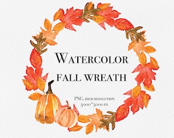 Corona de hojas de otoño en acuarela - Lindo clipart de otoño para tarjeta de Acción de Gracias - Clipart de otoño - Marcos florales de otoño - Clipart de otoño en acuarela