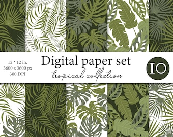 Helles Tropical Digital Paper Pack - Tropisches nahtloses Muster mit Blättern - Palmengrün - Monstera Blätter - Exotische Digital Paper Palm