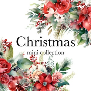 Clipart de buquês de Natal em aquarela - Decoração de inverno aconchegante - Clipart de árvore de Natal - Clip art digital - Pintado à mão - Guirlanda de aquarela