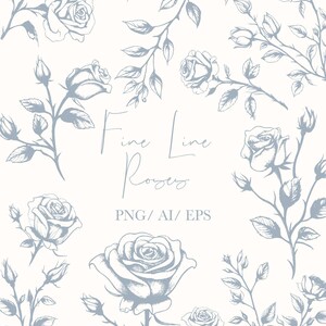 Op de afbeelding: Een set van 10 fijne lijnroos illustraties in een lichtblauwe kleur. De rozen zijn getekend in een delicate stijl met stengels en bladeren. De tekst "Fine Line Roses" en "PNG/AI/EPS" is opgenomen in de afbeelding.