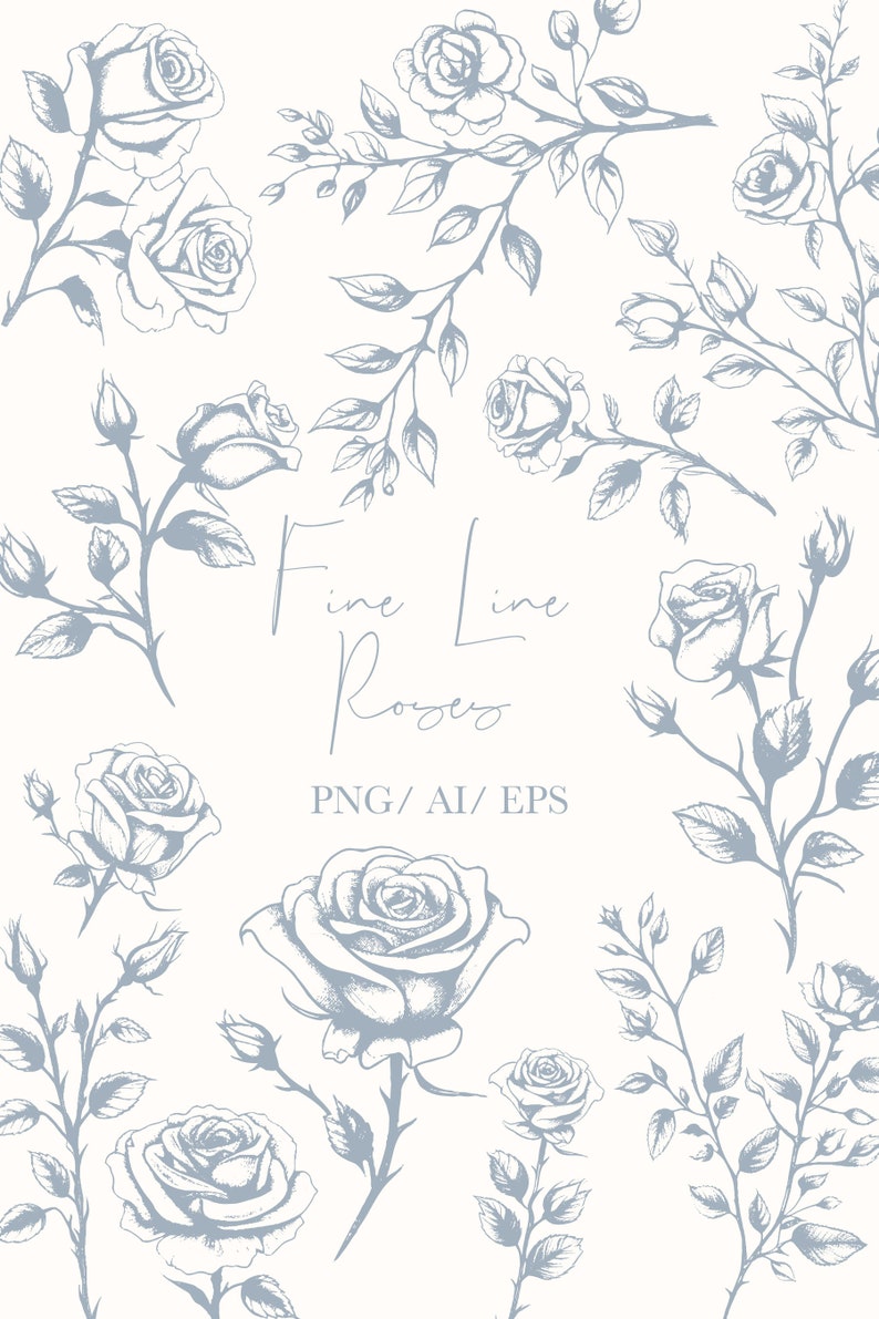 Op de afbeelding: Een set van 10 fijne lijnroos illustraties in een lichtblauwe kleur. De rozen zijn getekend in een delicate stijl met stengels en bladeren. De tekst "Fine Line Roses" en "PNG/AI/EPS" is opgenomen in de afbeelding.
