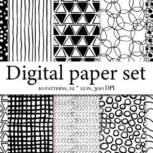 Puede incluir: Un conjunto de 10 patrones de papel digital en blanco y negro. Los patrones incluyen lunares, rayas, triángulos, círculos y más. Los patrones son de 30,5 cm por 30,5 cm y 300 DPI.