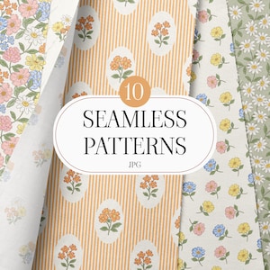 May include: A collection of floral seamless patterns in various designs. The patterns include daisies, floral bouquets, and striped backgrounds with floral accents. The image includes the text "10 SEAMLESS PATTERNS JPG".