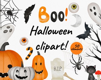 Clipart d'Halloween - Halloween mignon - Clipart d'automne - Décor de fête d'Halloween - Trick Or Treat - Citrouille imprimable - Halloween PNG - Spooky