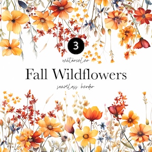 Watercolor Floral Clipart - Watercolor Autumn flowers - Fall Wildflowers clipart png - Floral border - Seamless border brown neutral flowers