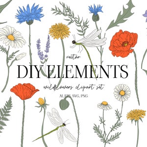 Colección de imágenes prediseñadas digitales de flores silvestres - Colección de imágenes prediseñadas de flores de bellezas florecientes - Proyectos de elementos de logotipo PNG - Imágenes prediseñadas de flores silvestres SVG