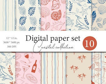 Carta digitale mare - Oceano sottomarino - Set di carta digitale costiera - Motivo senza soluzione di continuità a tema oceano nautico per scrapbooking, inviti e artigianato