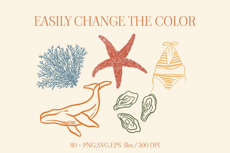 May include: A set of 80+ digital illustrations featuring a whale, starfish, coral, seashells, and a swimsuit. The illustrations are in a minimalist style with a vintage color palette. The files are in PNG, SVG, and EPS formats and are 300 DPI.