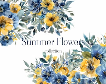 Watercolor Wildflowers Floral Clipart - Meadow clipart png - Abstract yellow  flowers png - Watercolor  bouquets set - Digital clipart PNG