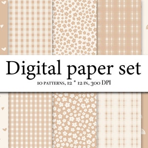 Op de afbeelding: Een set van 10 digitale papierpatronen in beige en wit met verschillende ontwerpen, waaronder harten, ruitjes, bloemen en regenbogen. De papieren zijn 30,5 cm bij 30,5 cm en 300 DPI.