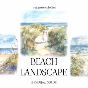 Sea View Illustration, Watercolor View Clipart, Wild Beach Clipart, Summer Clipart, Girl  and Dog Clipart, Summer Beach png, Download
