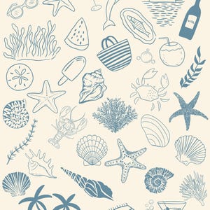 May include: A collection of blue and white illustrations of coastal and beach themed items, including a starfish, seashells, a crab, a turtle, a palm tree, a dolphin, a watermelon, a glass of wine, a coconut, a seashell, a seahorse, a beach towel, a glass of martini, and the text "COASTAL".