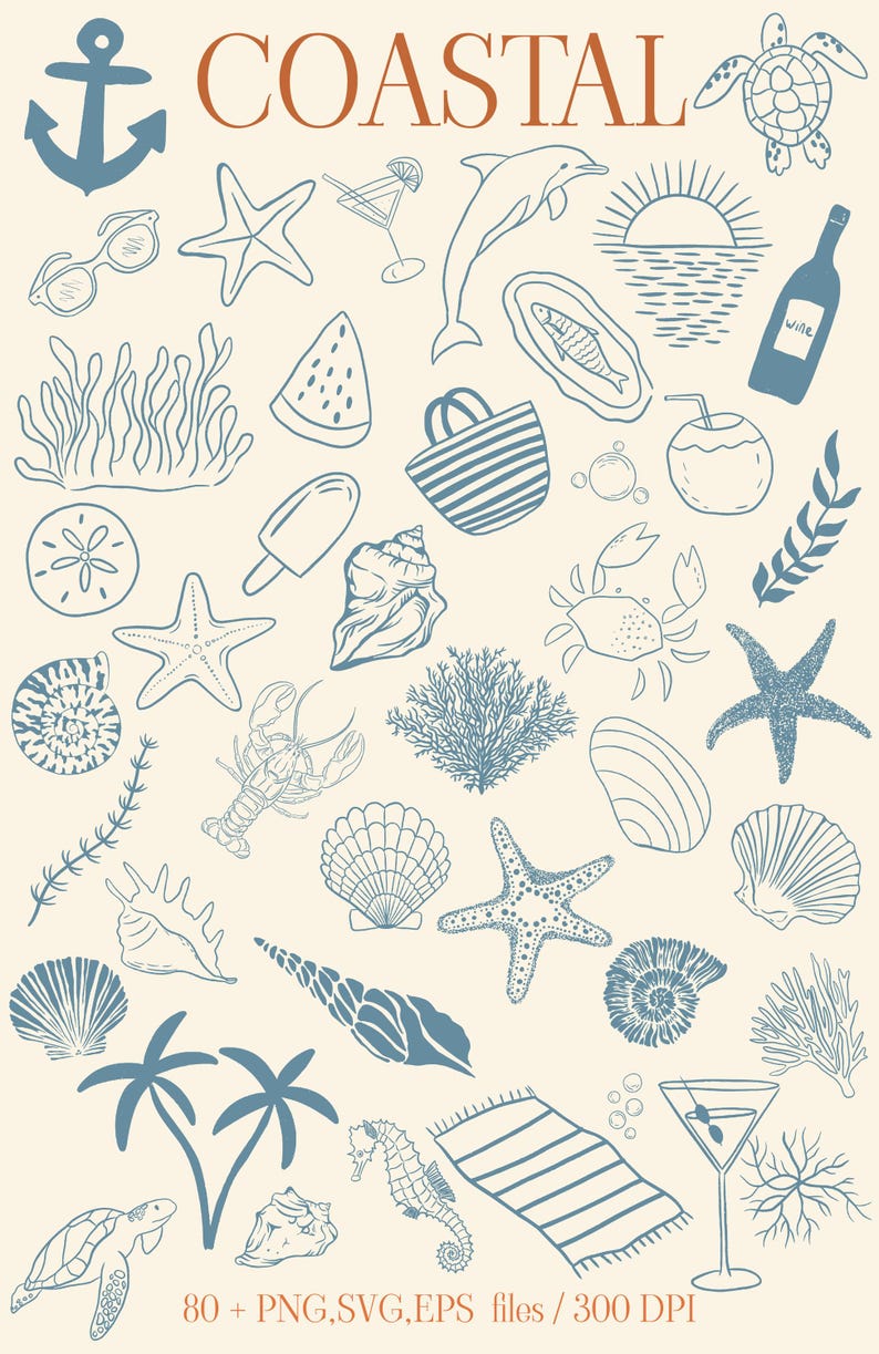 May include: A collection of blue and white illustrations of coastal and beach themed items, including a starfish, seashells, a crab, a turtle, a palm tree, a dolphin, a watermelon, a glass of wine, a coconut, a seashell, a seahorse, a beach towel, a glass of martini, and the text "COASTAL".