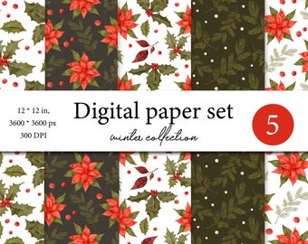 Papel digital de Natal em aquarela - Fundo de Natal - Papel aquarela - Papel de férias - Vegetação de Natal - Papel de Natal sem costura