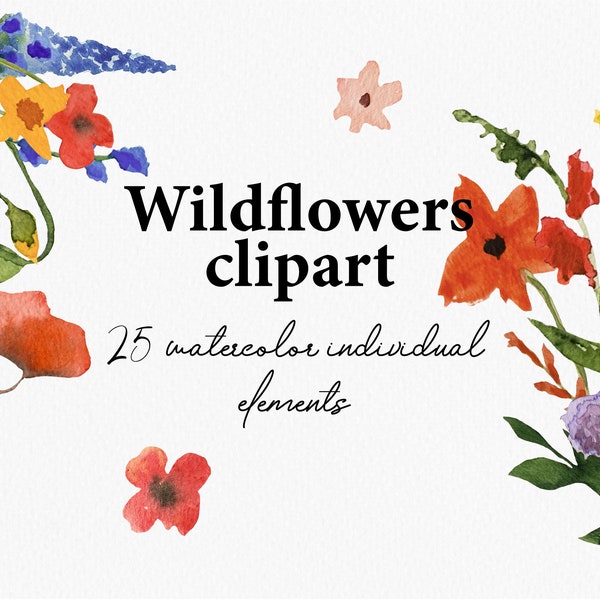 Wildflowers Watercolor Floral Clipart Wild Flowers Wedding Clipart Spring Summer  Fall Clipart Yellow Purple Blue Peach Red Botanical