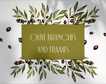 Olive Watercolor Graphic Elements - Olive Branch Clipart - Olive Leaf Clipart -Watercolor Olive Wreath - Watercolor Olive Frame