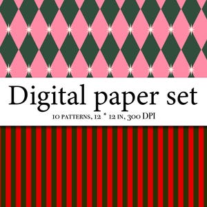 Op de afbeelding: Digitale papier set met 10 patronen, elk 30,48 cm bij 30,48 cm bij 300 DPI. De afbeelding toont drie patronen: roze en groene ruitvormen, een witte rechthoek met tekst en rode en groene verticale strepen.
