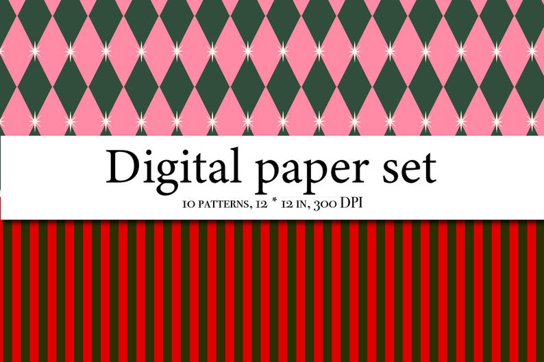Op de afbeelding: Digitale papier set met 10 patronen, elk 30,48 cm bij 30,48 cm bij 300 DPI. De afbeelding toont drie patronen: roze en groene ruitvormen, een witte rechthoek met tekst en rode en groene verticale strepen.