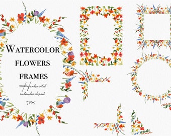 Watercolor Wildflowers, Frame Clipart Spring, Bright, Yellow, Pink, Blue, Purple, Wildflower Summer Floral Spring Border Bouquet Wedding PNG
