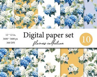 Pacchetto di carta digitale acquerello, album di ortensie, modello senza cuciture di ortensie, clipart modello con ortensie, sfondo floreale 012