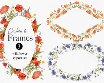 Watercolor Wildflowers, Frame Clipart Spring, Bright, Yellow, Pink, Blue, Purple, Wildflower Summer Floral Spring Border Bouquet Wedding 003