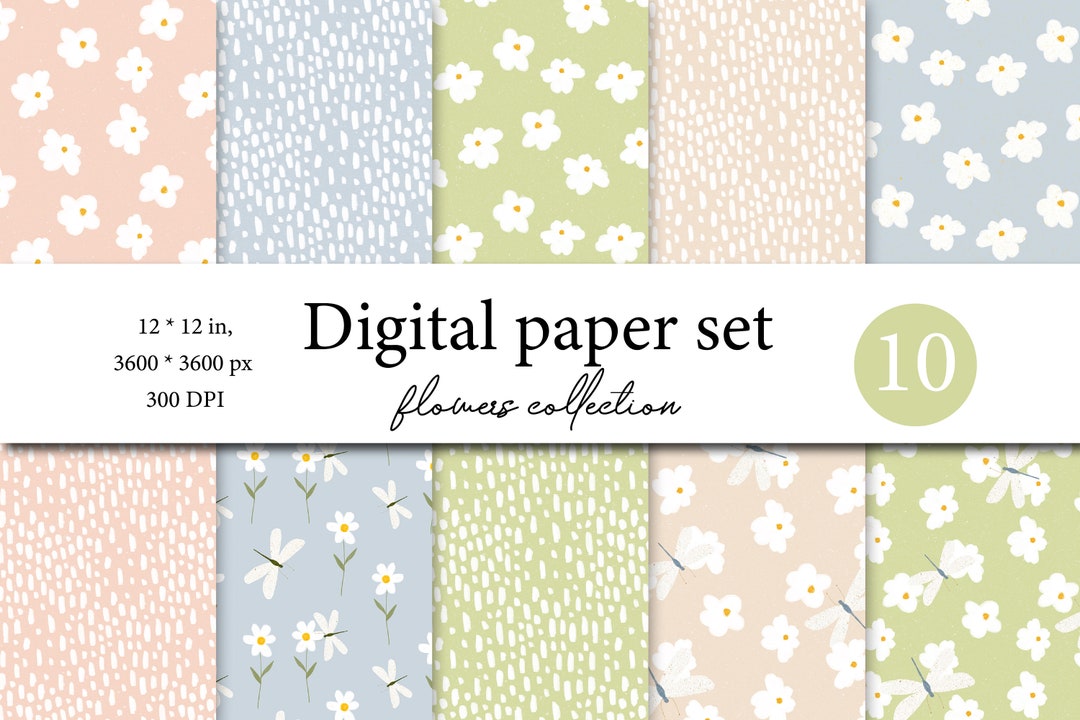 Boho Digital Paper Set - Boho Print - Pastel Flowers Seamless Pattern ...