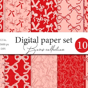 Elegant Red and Pink Bow Digital Paper Set - Holiday Joy Digital Paper Set - Seamless Red Bow Designs - Red Bows Digital Paper Pack