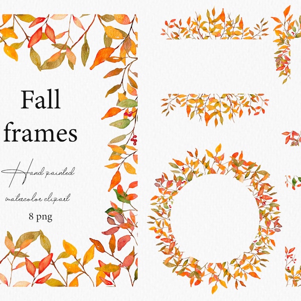 Fall Leaves Clipart Watercolor Fall Frames Clip Art Autumn Leaves Branches Foliage Wreath Border Branches Berries Acorns Frame Wedding PNG