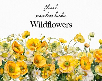 Watercolor Floral Clipart - Wildflowers floral clipart - Floral seamless border - Meadow Flowers png - Flowers clipart - Digital clipart PNG