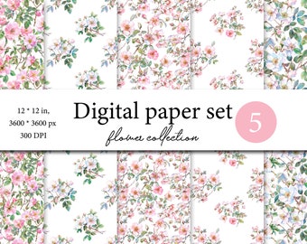 Watercolor  digital paper pack, white roses scrapbook, roses seamless pattern, seamless pattern clipart with roses , floral background