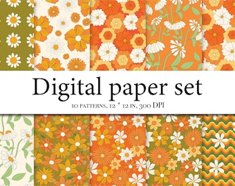 Pattern clipart Hippie Designer Paper - Background - 70s Flower Vintage - Retro Digital Paper - Seamless Pattern - Scrapbook Paper 007