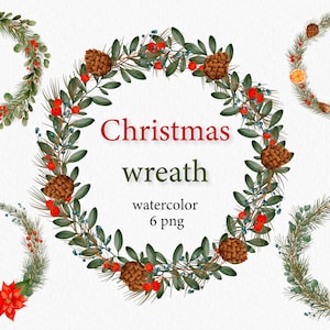 Christmas Clipart Watercolor - Winter Greenery - Watercolor Wreath Clipart - Winter Wreath - Pine Cone Wreath - Winter Berries Wreath