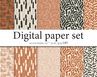 Abstract Digital Paper, Modern Brush Strokes Paper Pack, Trendy Abstract Background Seamless Pattern, Boho patter, Trend shapes