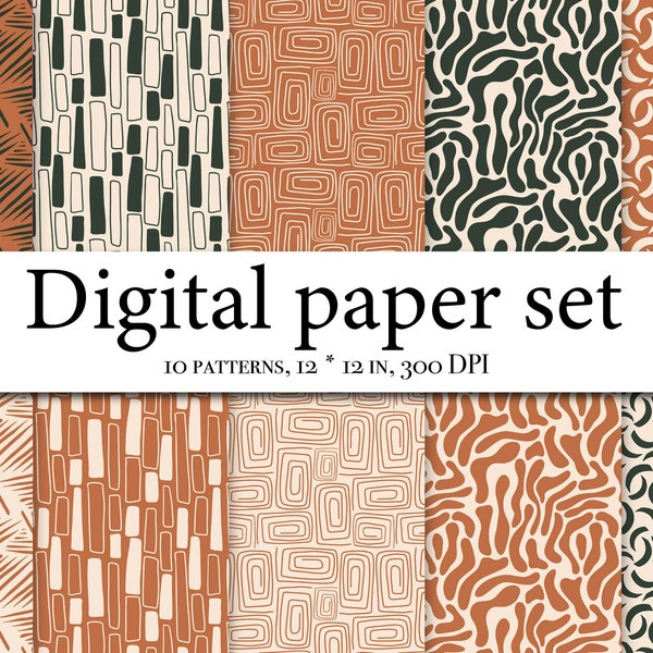 Abstract Digital Paper, Modern Brush Strokes Paper Pack, Trendy Abstract Background Seamless Pattern, Boho patter, Trend shapes