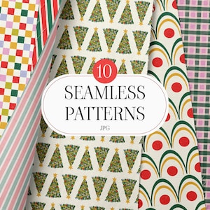May include: A collection of 10 seamless patterns in various designs. The patterns include colorful checkered, striped, and Christmas tree motifs. The image features a variety of colors, including red, green, pink, and yellow. The text on the image reads "10 SEAMLESS PATTERNS JPG."