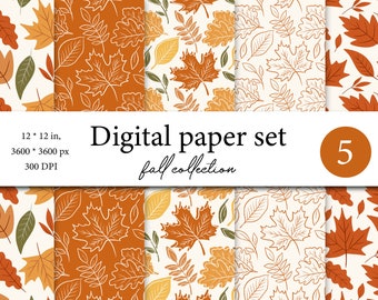 Puede incluir: Un conjunto de cinco patrones de papel digital con hojas de otoño en varios tonos de naranja, amarillo y marrón. Los patrones son sin costuras y se pueden utilizar para scrapbooking, creación de tarjetas y otros proyectos de manualidades. El texto en la imagen dice "Digital paper set fall collection 5".