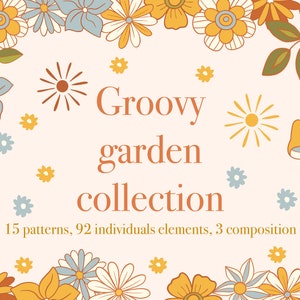 Groovy Boho Digital Clipart Collection - Individual PNG Files Logo Elements  - Seamless pattern - Hippie Digital Papers - Peace 70s Flowers