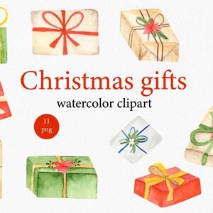 Watercolor Christmas Gift Clipart - Winter Holiday Clipart - Gift Crafting - Watercolor Xmas Gift - PNG Digital Download Gift