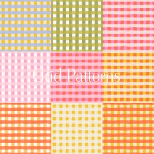 May include: Nine different grid patterns in a variety of colours, including blue, yellow, green, pink, and orange. The patterns are arranged in a 3x3 grid, with the text "Grid Patterns" in the centre.