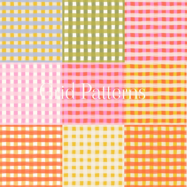 May include: Nine different grid patterns in a variety of colours, including blue, yellow, green, pink, and orange. The patterns are arranged in a 3x3 grid, with the text "Grid Patterns" in the centre.