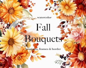 Watercolor Fall flowers - Fall clipart - Fall bouquets clipart png - Watercolor Autumn Floral bouquets - Floral clipart commercial use