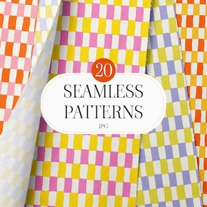 Può includere: Un'immagine che mostra una collezione di motivi senza cuciture colorati. I motivi presentano un design a blocchi rettangolari ripetuti in varie combinazioni di colori, tra cui arancione e rosa, giallo e rosa e giallo e blu. L'immagine include il testo "20 SEAMLESS PATTERNS JPG".